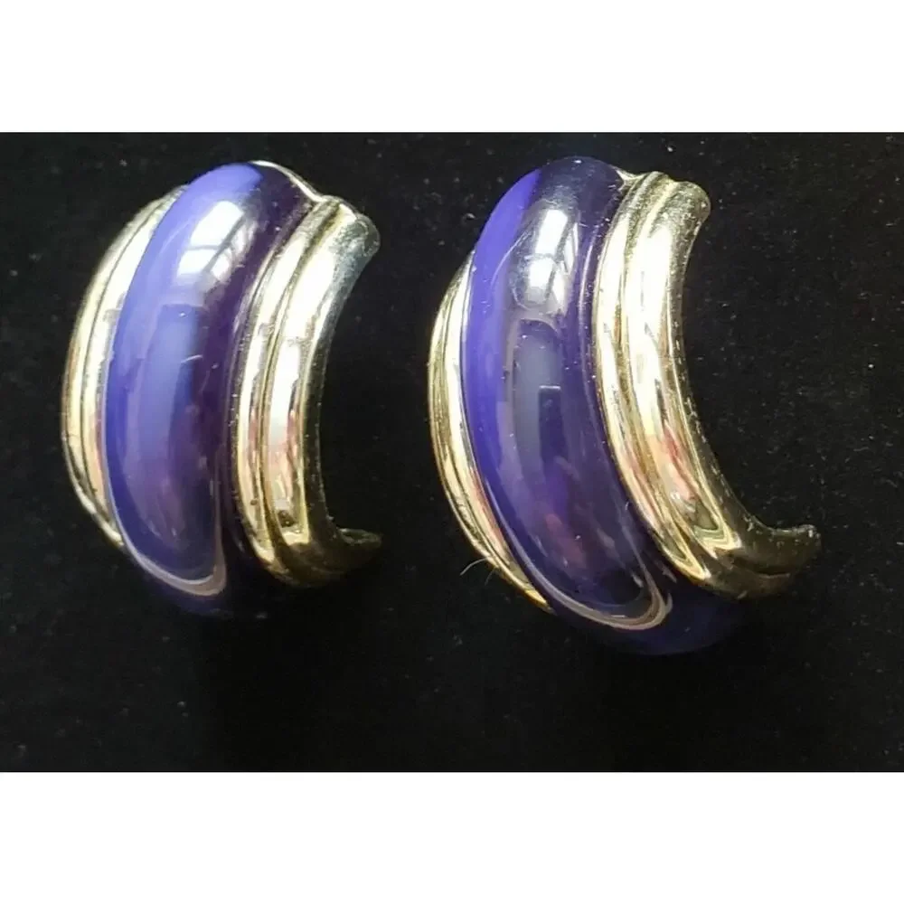 Vintage Half Hoop Pierced Earrings, Blue‎ & Gold, 1.5